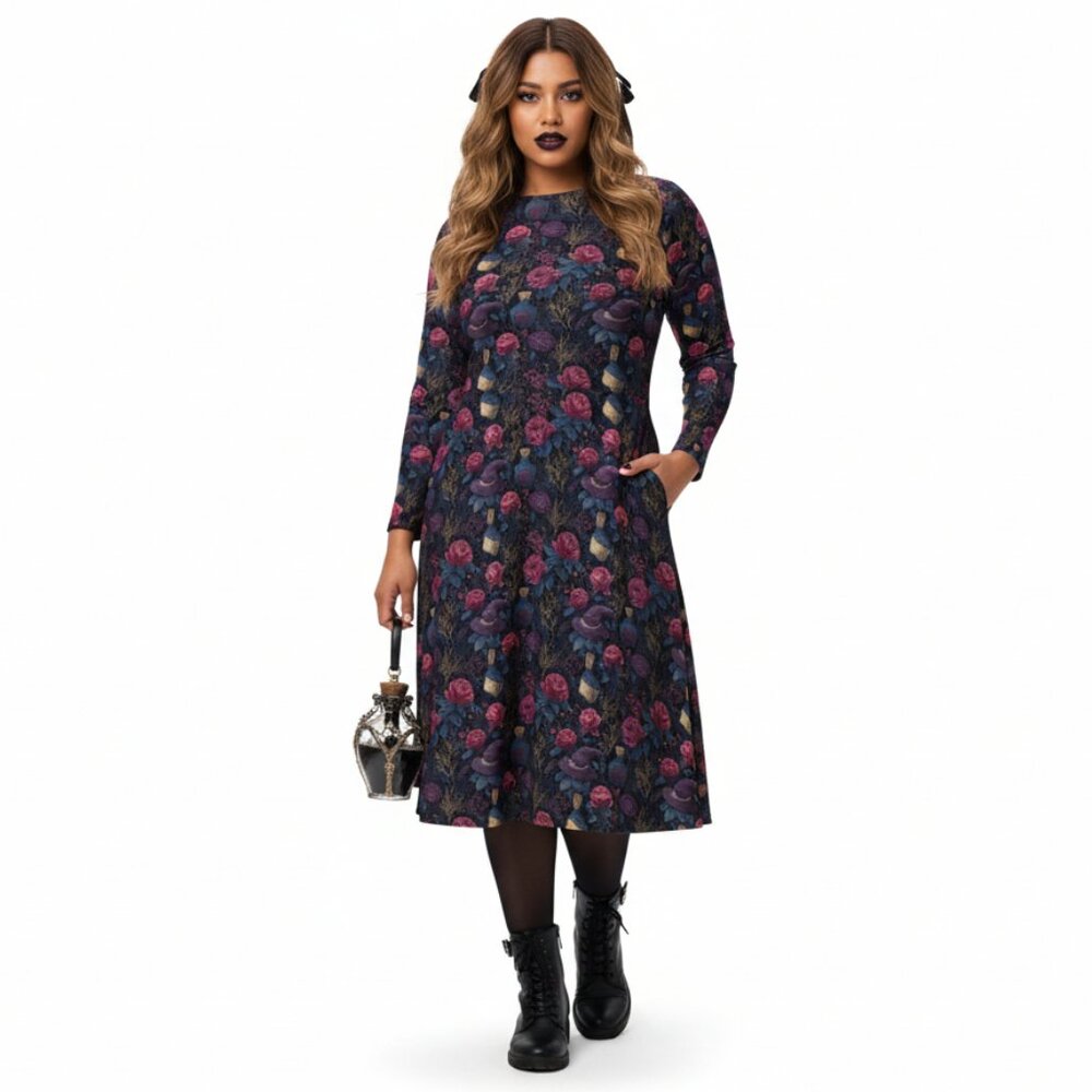 Whimsigoth Witchy Goth Long Sleeve Midi Dress